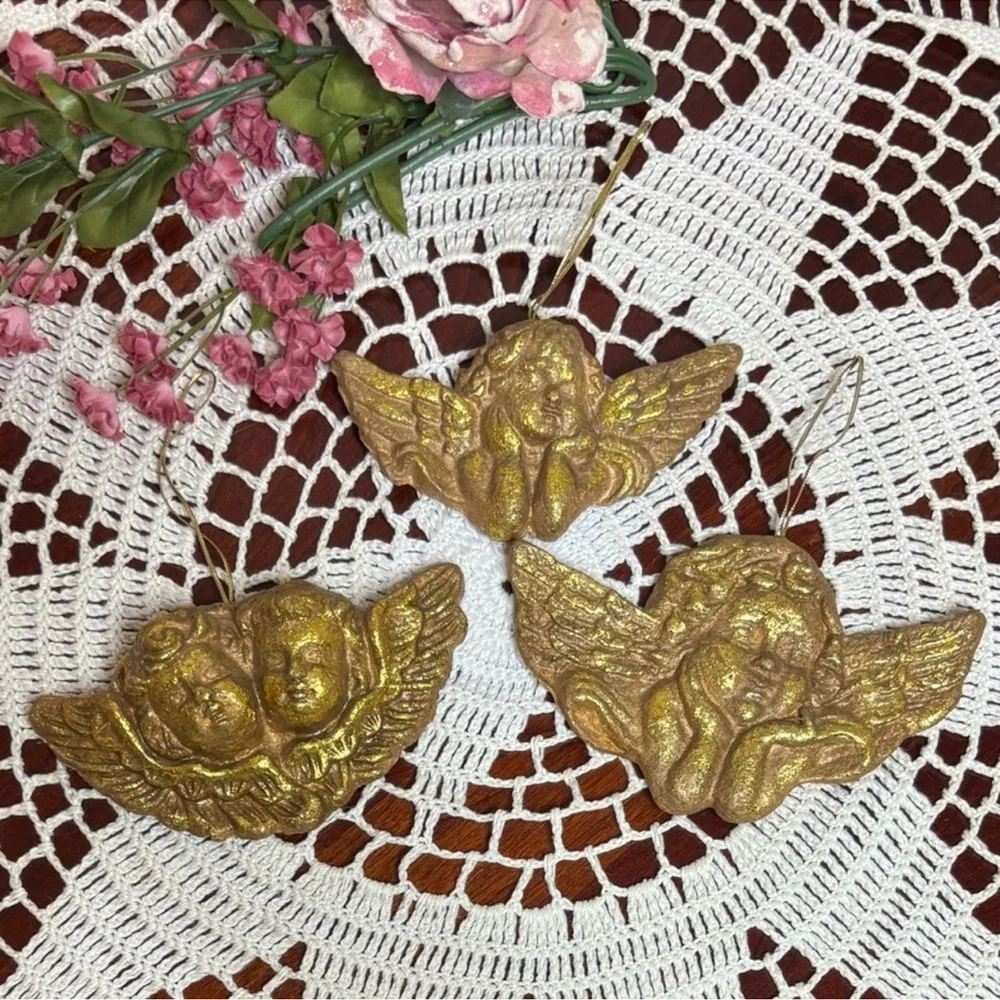 Gold Angel Ornaments Set Victorian Vintage Christmas Cherub Handcrafted Handmade